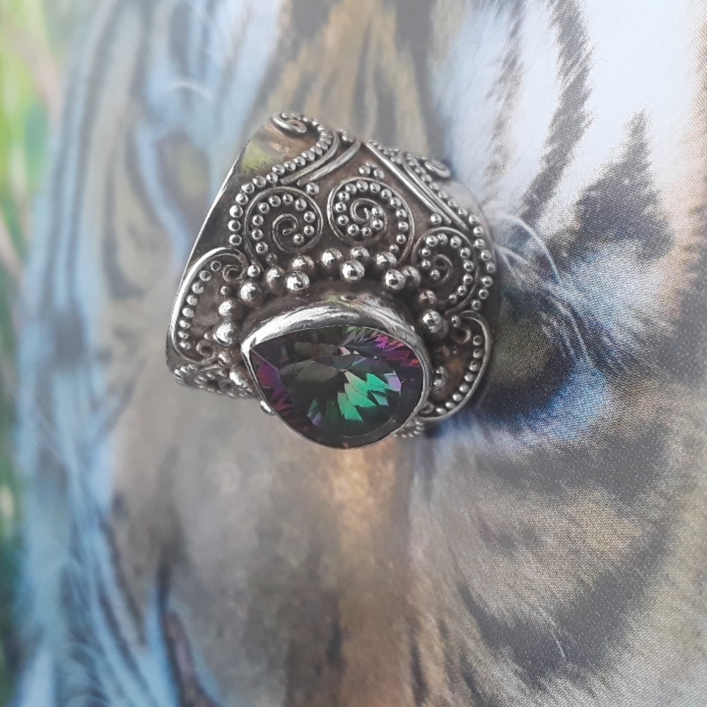 Mystic topaz Bali design Sterling silver teardrop ring sz 5.75 - Picture 3 of 12